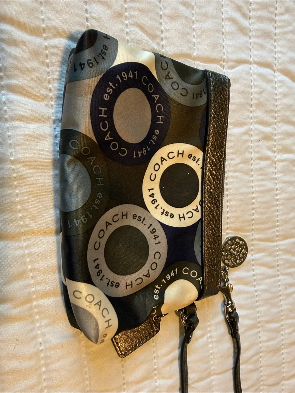 Coach Blue & Silver Legacy ring print wristlet